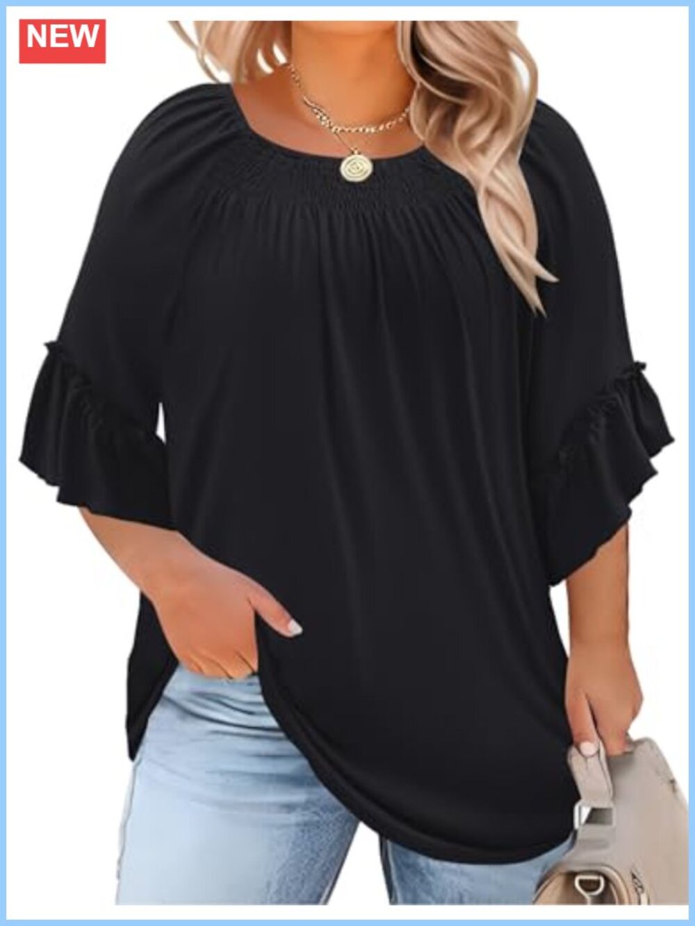 Womens Plus Size 3/4 Ruffle Sleeve Crewneck Pleated Tunic Blouse